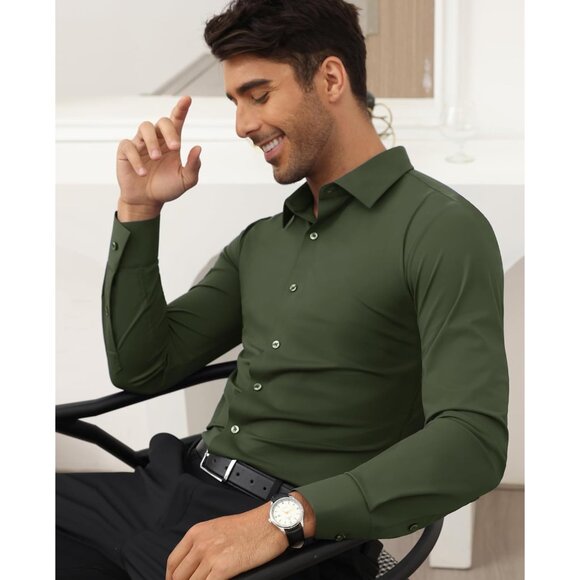 Men Grass Green Long Sleeve Slim Muscle Fit Wrinkle Free Button Down Dress Shirt - Picture 5 of 9